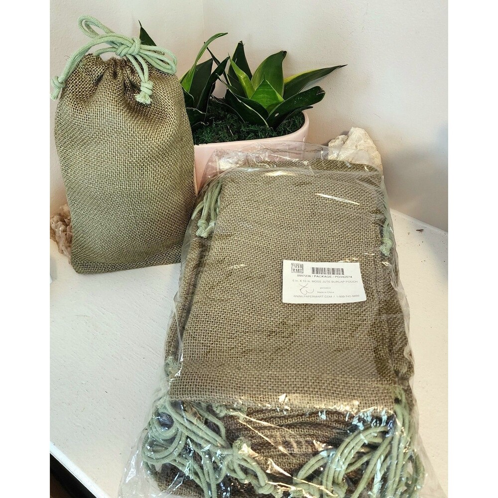 Moss Green Jute Burlap Drawstring Bags - 6" by 10" - NEW - 24 pack